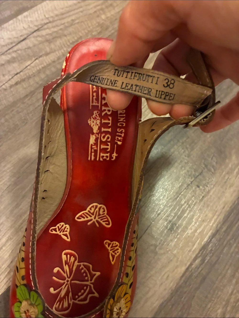 L'Artiste Red Leather Slingback Wedge Sandals With Floral  Details- Size 7.5